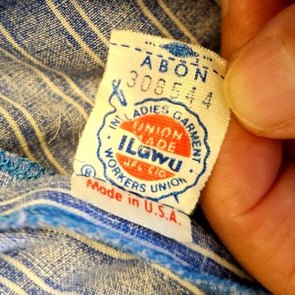 1980s Belle France Blue Stripe Cotton Midi Dress Puffy Sleeves Pockets Sz 6 - Picture 7 of 14